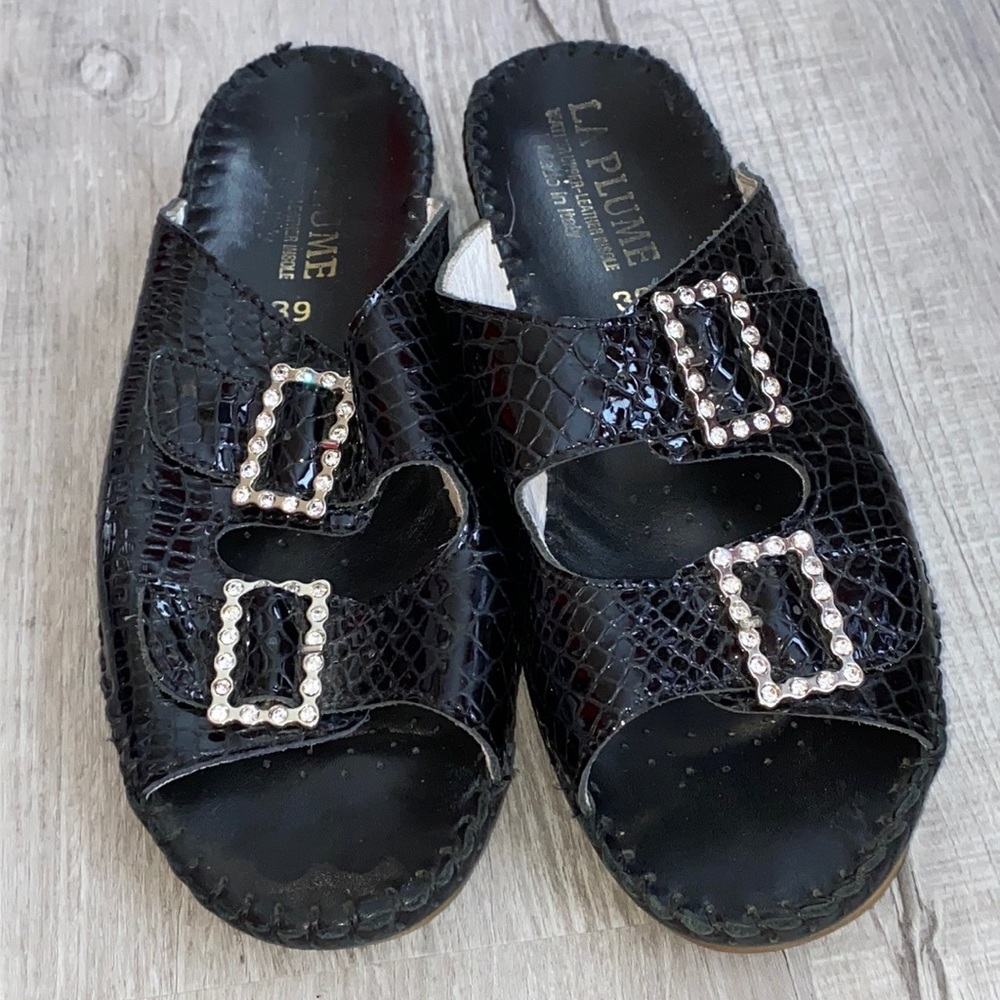La Plume Patent Mules with some sparkle! Butter soft and hand crafted!